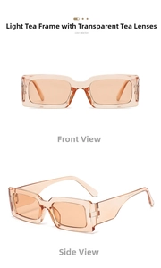 Detail view of champagne square sunglasses with transparent frames and tinted lenses