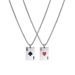 Hip hop titanium steel necklace featuring Ace of Spades and Ace of Hearts poker pendants