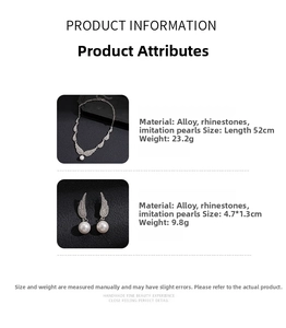 Detailed view of angel wing necklace and earrings with rhinestones and faux pearls