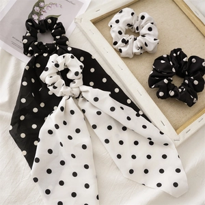 Polka Dot Hair Scrunchies With Bow Streamer Chiffon Cloth Elastic Hair Ties For Women Vintage Black White Headwear