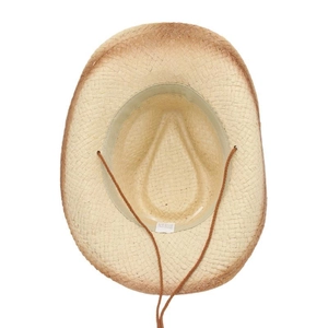 Detail of beige straw cowboy hat interior with woven texture, sweatband, and chin strap