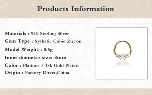 Detailed specifications of S925 sterling silver cz cartilage nose ring with 8mm inner diameter