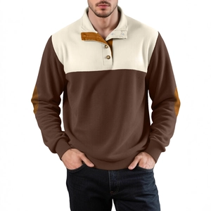 Men's color-block corduroy polo sweatshirt with stand collar and elbow patches