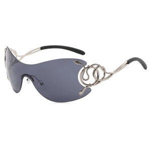 Y2K rimless silver sunglasses with gray lenses and snake-shaped metal temple design