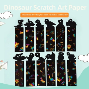 Matrix layout of 12 dinosaur-themed rainbow scratch paper bookmarks for DIY fun