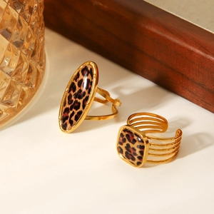 Golden stainless steel rings with leopard print inlay and vintage geometric designs