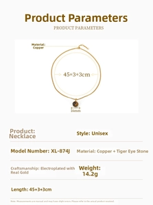 Detailed spec sheet for tiger eye stone necklace with 16mm pendant in gold finish