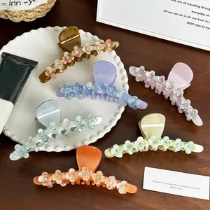 Elegant Acetate Flower Hair Claw Clip Rhinestone High Grip Shark Clip For Women Updo Hair Styling Accessories