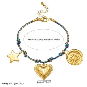 Bohemian hand-woven cord jewelry set with gold-plated star, heart, and sun charms