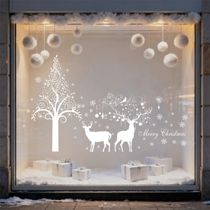 Christmas Window Clings White Reindeer Snowflake Tree Static Stickers PVC Double Sided Glass Door Decals Holiday Decor