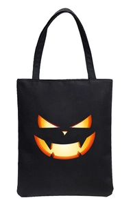 Halloween black canvas tote bag with creative orange pumpkin face print for students