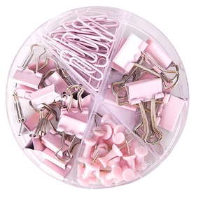 Set di cancelleria rosa multiuso con graffette e clip a molla in una scatola rotonda