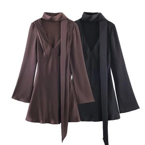 Satin Mini Dress With V Neck And Scarf Tie Long Bell Sleeves Solid Color Women Elegant Evening Party Fashion