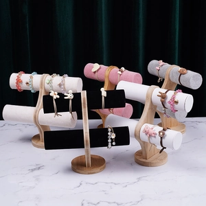 Bamboo Tiered Jewelry Display Stand Velvet Leather Bracelet Holder Watch Organizer Storage Rack T-Bar Round Base