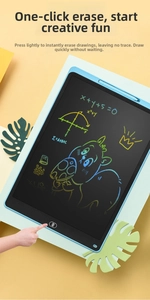 Detail of 12-inch LCD writing tablet for kids showing one-click erase and colorful screen