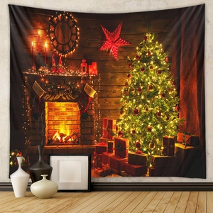 Christmas tree tapestry with fireplace and gift boxes for wall decoration
