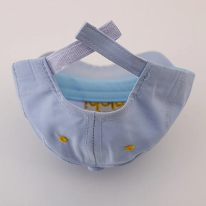 Rear view of light blue kids baseball cap with adjustable hook-and-loop strap and yellow accents