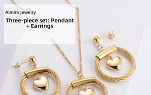 Detailed view of the gold heart pendant necklace and matching earrings set