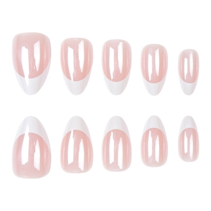Aurora white almond French press-on nails with minimalist teardrop chrome finish