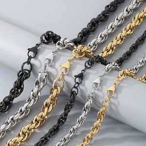Polished stainless steel twist chain necklaces in black, silver, and gold finishes