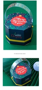 Close-up of hexagonal Christmas gift box in dark green with golden Merry Christmas text