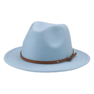 Close-up of light blue felt fedora for kids with brown leather band and metal buckle detail