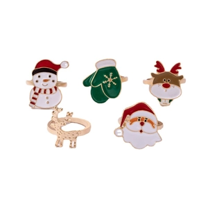 Five-piece Christmas ring set with Santa, reindeer, and snowman designs in enamel alloy