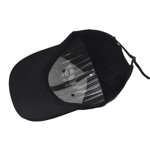 Detail view of black fabric baseball cap interior with adjustable strap and 6-panel crown