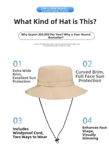 Detail of khaki outdoor sun hat featuring wide curved brim and adjustable windproof cord
