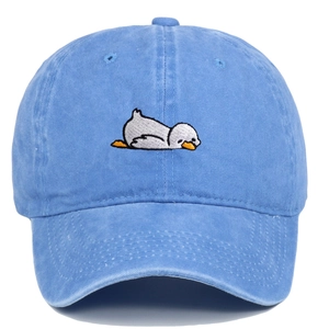 Light blue washed denim baseball cap with cute cartoon duck embroidery for women