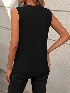 Rear view of a minimalist black sleeveless crewneck tank top showing fit and cut
