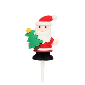 Cartoon Santa Claus cake topper holding a green tree made of soft silicone material