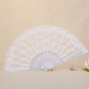 Elegant white lace folding fan with floral patterns and gold-decorated plastic ribs