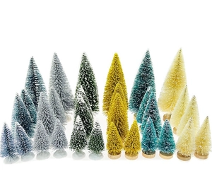 Mini artificial Christmas trees in assorted colors with snow flocking and wood base
