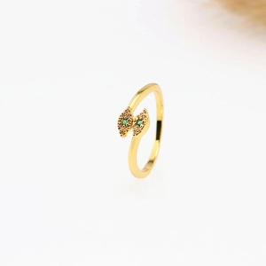 Vintage style gold snake open ring with green rhinestones and geometric lines