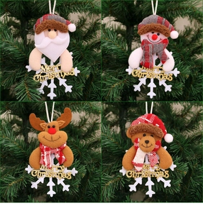 Detailed view of four Christmas fabric pendants featuring Santa, Snowman, Deer, and Bear