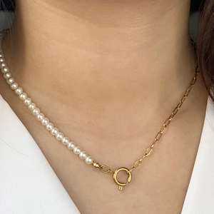 French Vintage Splicing Necklace Women Stainless Steel Imitation Artificial Pearl Paperclip Chain Round Spring Buckle Minimalist Jewelry