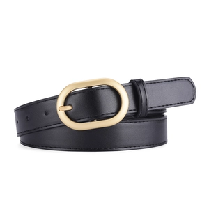 Slim black PU leather belt for women with elegant golden oval pin buckle on white background
