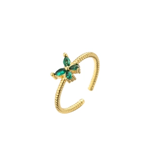 Fashionable gold plated butterfly open ring with green zircon and twisted rope texture