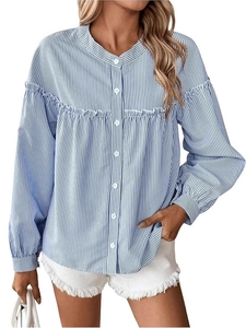 Elegantes blau-weiß gestreiftes Langarmhemd für Damen mit Rüschenfront und Knöpfen