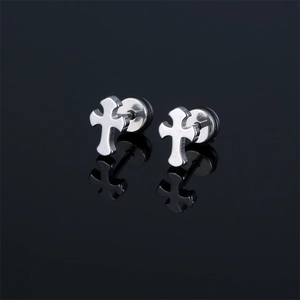 Polished silver stainless steel cross stud earrings with screw back design for men
