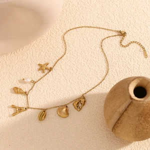 18K gold plated stainless steel ocean necklace with starfish shell and pearl pendants
