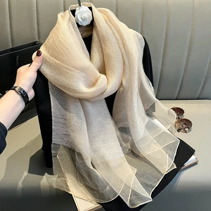 Elegant beige silk scarf for women featuring a double-layer design and premium gold trim