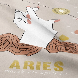 Detailed macro shot of Aries zodiac tapestry showing soft fabric texture and rose pattern