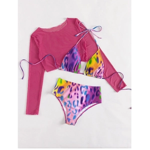 Detailed flat lay of a 3-piece leopard bikini set with a pink mesh sun protection cover-up