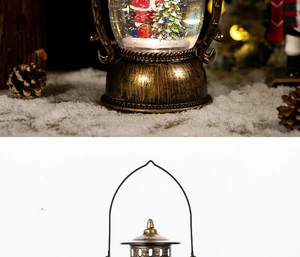 Detailed view of bronze Christmas lantern with Santa scene and snow globe function