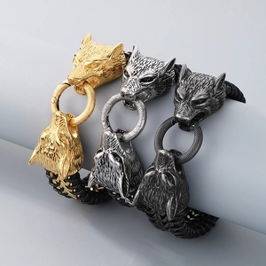 Punk Wolfskopf geflochtene Lederarmbänder in Gold, Silber und antikem Silberfinish
