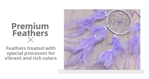 Close-up of purple dream catcher featuring soft feathers and elegant white pearls