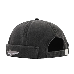 Vintage washed shark embroidery docker cap with adjustable strap for men and women