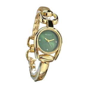 Women's gold horseshoe watch with green dial and small diamonds on a white background